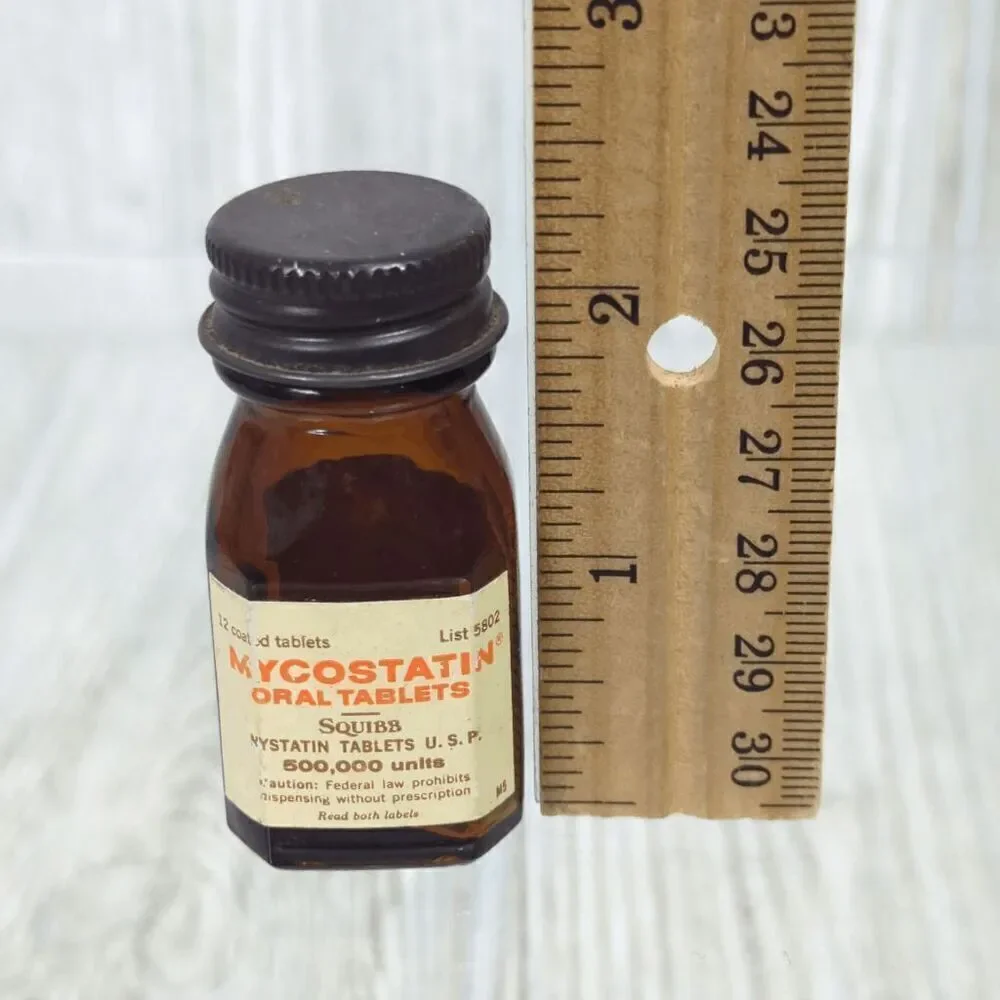 Vintage 1971 Squibb Pharmacy Nystatin Tablets Empty Glass Container